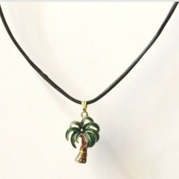 Gold Coconut Palm Tree Necklace Island Beach 21" Green Enamel Black Leather Cord - Picture 6 of 8